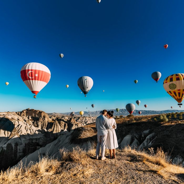 Couple travels the world. Happy and loving couple among balloons in Turkey